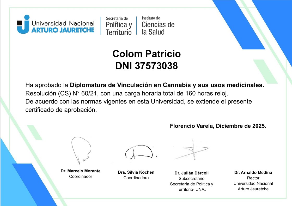 Certificado: Diplomatura de Vinculación en Cannabis y sus usos medicinales (UNAJ)