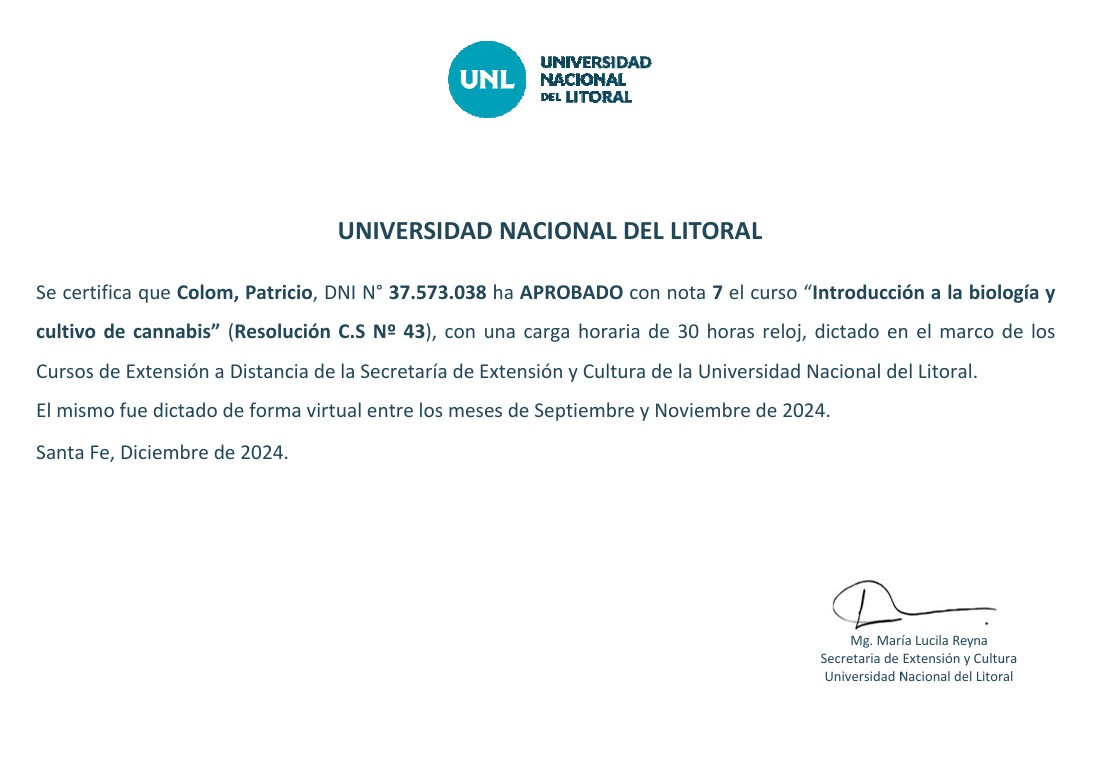 Certificado: Introducción a la biología y cultivo de cannabis (UNL)